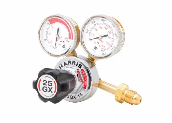 Harris 25GX-15-300 acetylene regulator for welding, with black adjustment knob, dual gauges, brass fitting—WeldingMart tool.