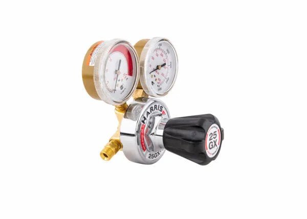 Harris 25GX-15-510 Acetylene Regulator for welding, dual gauges, brass body, black adjustment knob, WeldingMart welding tool.