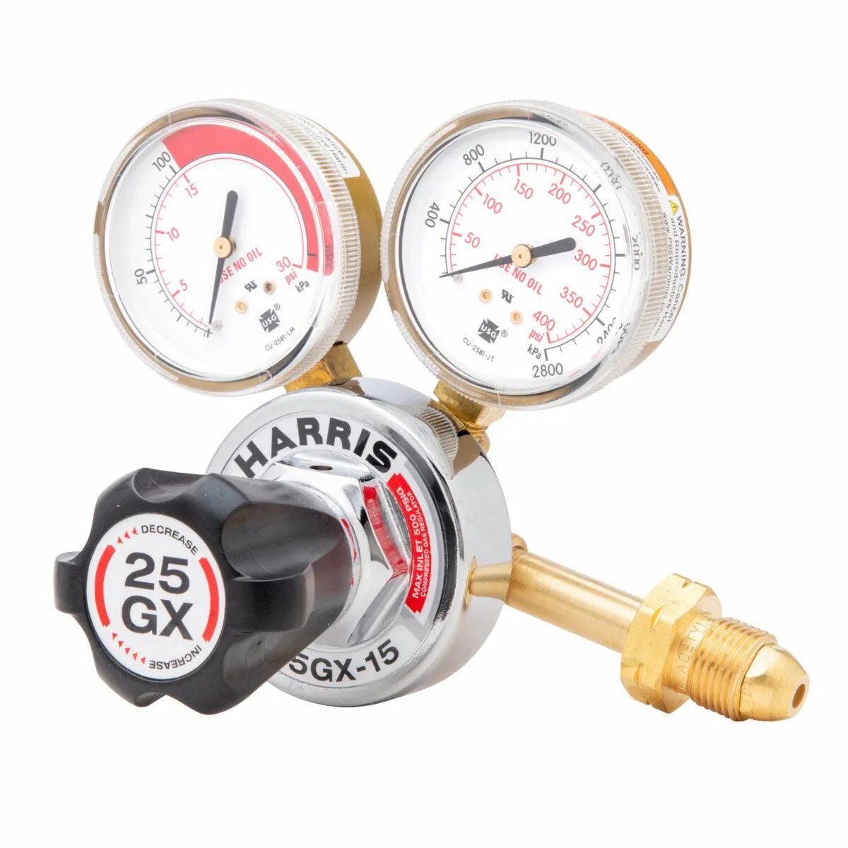 Harris 25GX-15-510 Acetylene Regulator with brass, dual gauges, control knob—premium welding tool at WeldingMart.