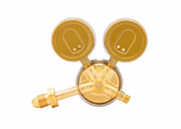 Harris 25GX-15-510 Single Stage Acetylene Regulator for welding, dual top gauges, threaded connectors, on white background.