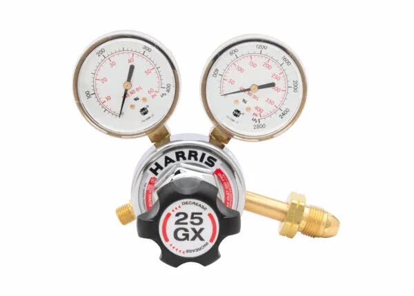 Harris 25GX-15-510P Single Stage Propane Regulator for welding, dual gauges, brass connector, black knob on white background.