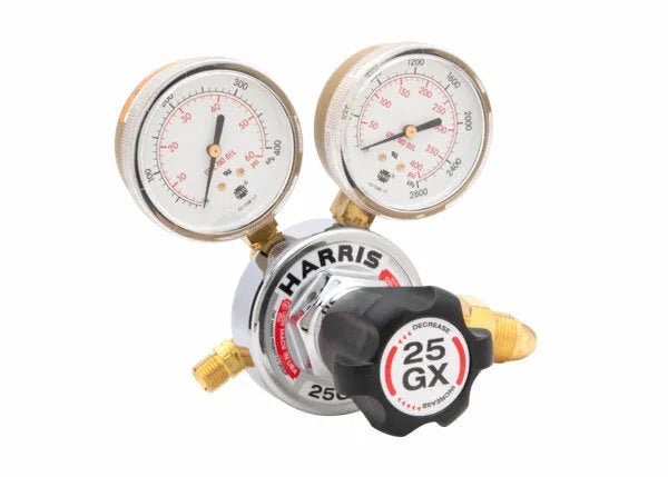 Harris 25GX-15-510P Single Stage Propane Regulator for welding, 2 pressure gauges, brass fittings, black adjustment knob.