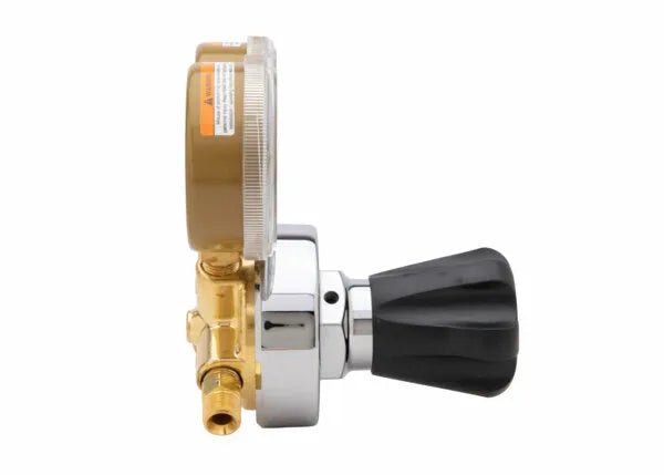 Harris 25GX-15-510P Single Stage Propane Regulator for welding, gold body, pressure gauge, black adjustment knob - WeldingMart.