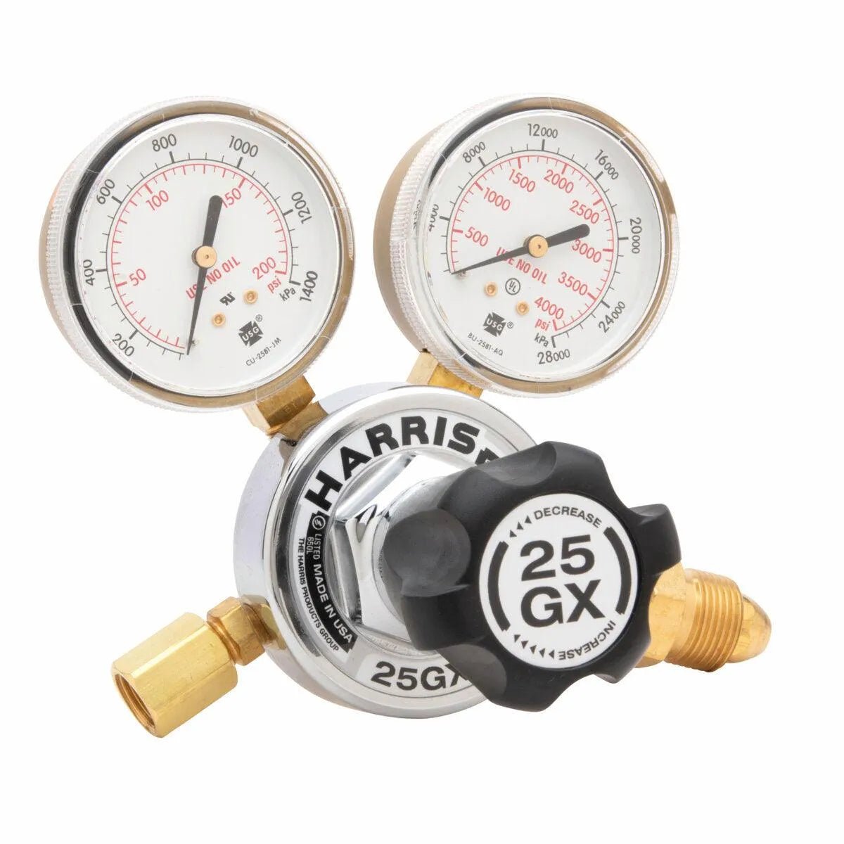 Harris 25GX-200-580 welding regulator with dual gauges, black knob, brass connectors for argon, helium, or nitrogen gas.