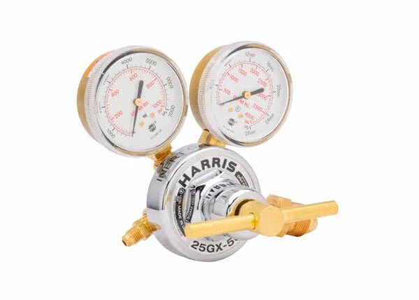 A Harris 25GX-5 single stage regulator with two pressure gauges and brass fittings, ideal for controlling and monitoring gas flow in welding, laboratory, or HVAC pressure regulator applications.