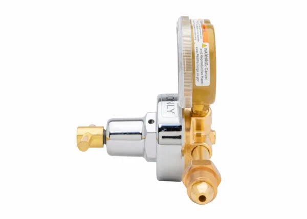 Side view of a brass and silver single stage regulator with a round gauge attached, isolated on a white background, ideal for use as a nitrogen purging regulator in HVAC applications.