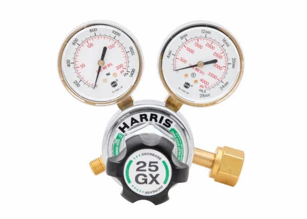 Harris 25GX-50-540 Single Stage Oxygen Regulator with dual gauges and black knob, precision welding tool from WeldingMart.