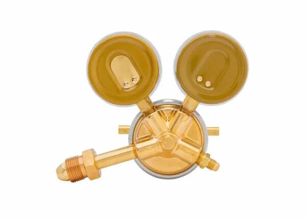 Harris 25GX-500-580 welding pressure regulator with dual gauges, brass build, single valve, top view on white—WeldingMart accessory.