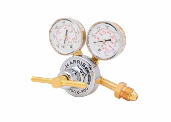 Harris 25GX-500-580 brass single-stage pressure regulator for welding, with dual gauges and knob, on white background.