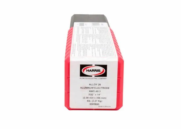 A rectangular red and white box labeled Harris 26 3/32 Alum Elec 5 Pkg 0002650 displays alloy details, size (3/32 x 14), AWS A5.3, weight (5 lbs), and a black top section with Harris 26 aluminum welding rod specs.