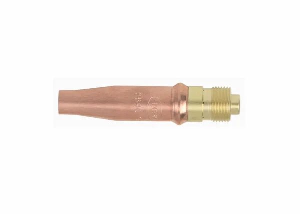 Harris 2890-8P cutting tip 1502028 for welding shown horizontal, high capacity, threaded brass end on white background.