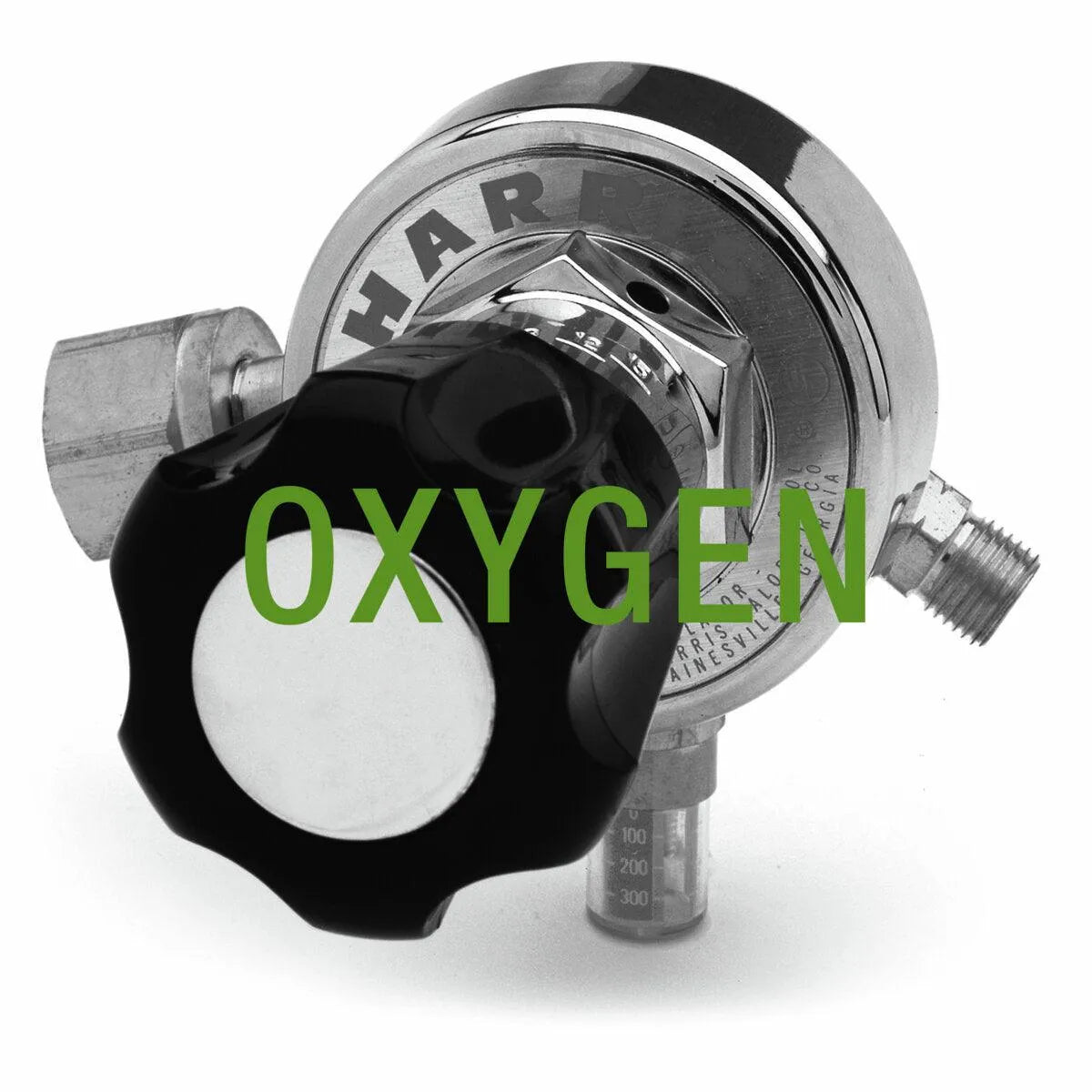 Harris 29-100C-540 Gaugeless Single Stage Oxygen Regulator for welding, black control knob, OXYGEN label, WeldingMart tool.