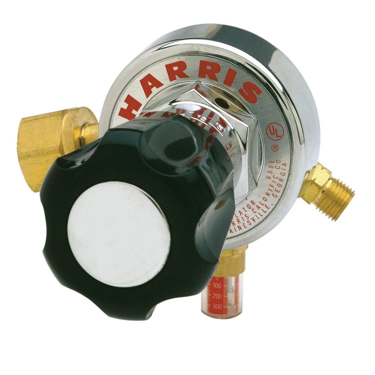 Harris 29-15C-510 Gaugeless Single Stage Acetylene Regulator for welding features black knob, brass fittings, Harris logo.