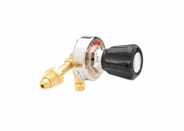 Harris 29-50C-510P LPG Propane Regulator for welding, brass/chrome, black knob, single stage gas control on white background.