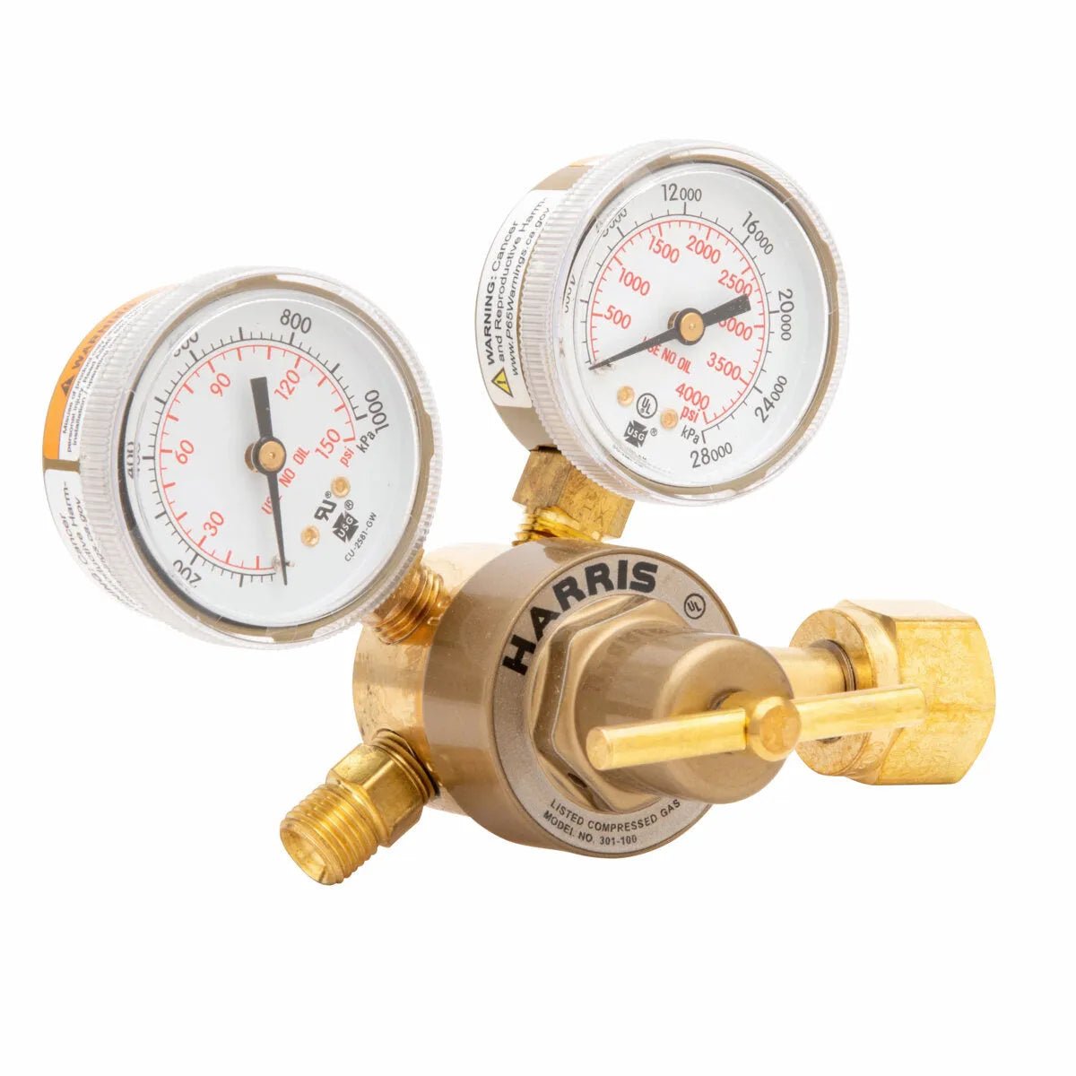 Harris 301-100-320 CO2 Regulator for welding, with dual pressure gauges, connection ports, adjuster knobs, HARRIS branding.