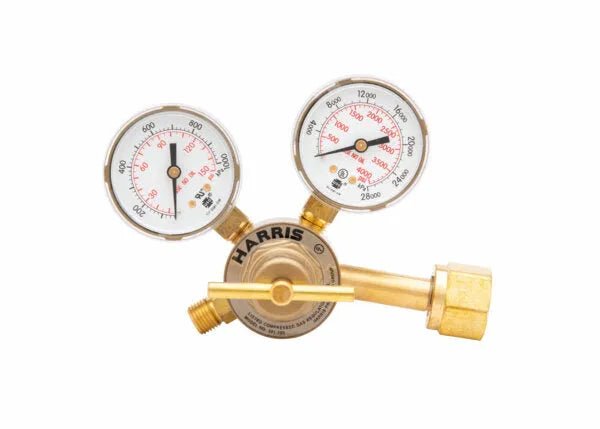 Harris 301-100-320 Compact Single Stage CO2 Regulator for welding, dual gauges, threaded connector, controls CO2 gas flow.