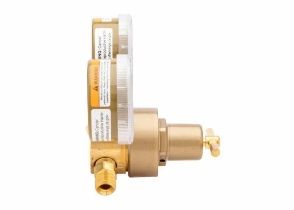 Harris 301-100-320 Compact Single Stage CO2 Regulator for welding, dual gauges, safety labels, side view on white background.