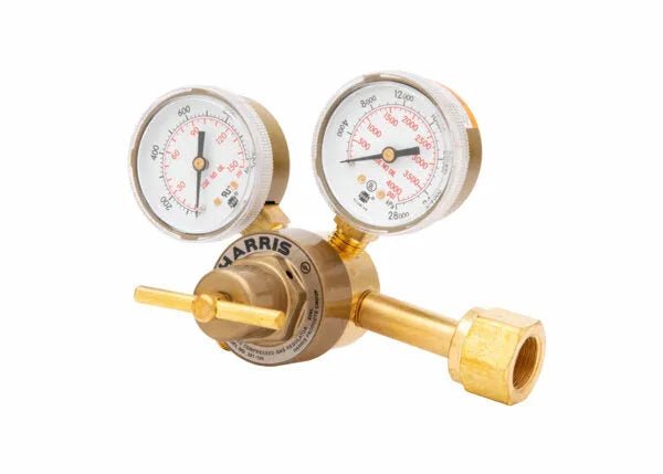Harris 301-100-320 CO2 Regulator for welding with dual round pressure gauges, clear markings, T-handle on white background.