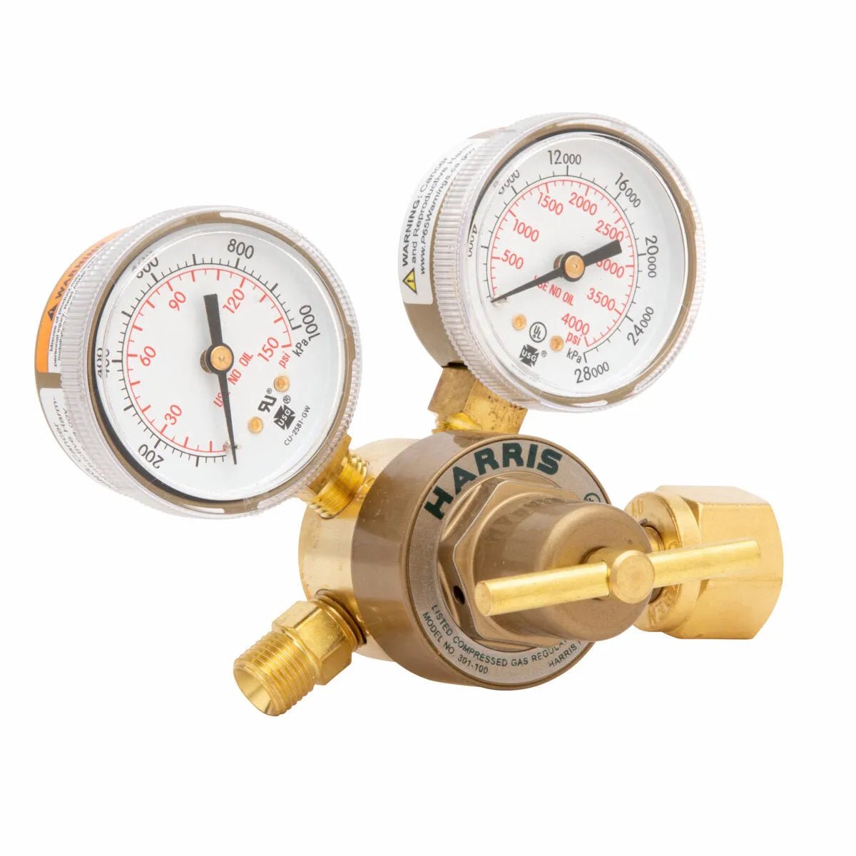 Harris 301-100-540 Compact Oxygen Regulator 3000162 with dual gauges, precise flow control for welding equipment and tools.