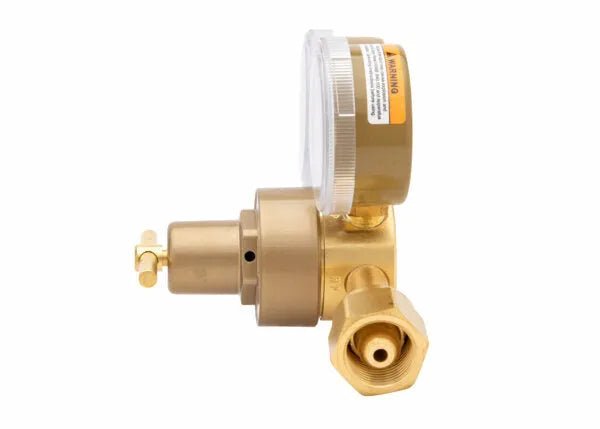 Harris 301-100-540 Oxygen Regulator for welding shown side view with dial gauge and cylinder inlet, WeldingMart equipment accessory.