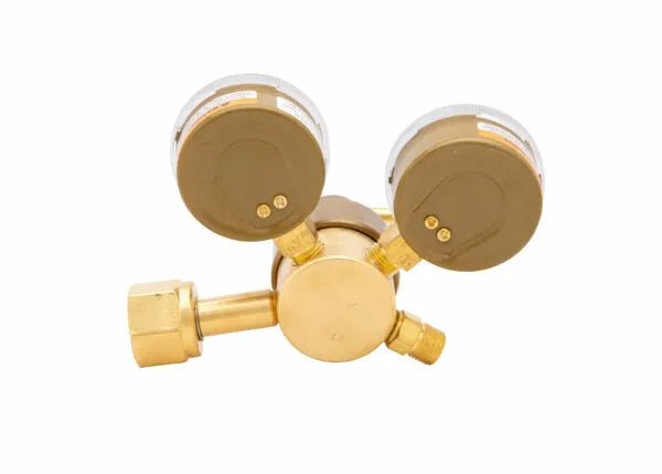 Harris 301-100-540 Brass Oxygen Regulator with dual gauges, WeldingMart welding tool, rear view on white background.