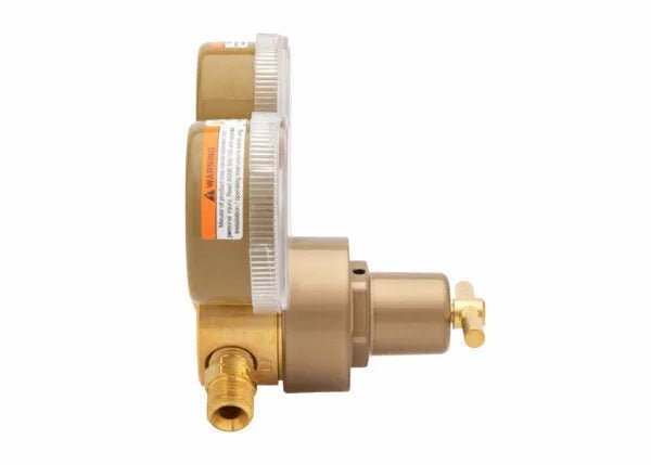 Harris 301-15-200 Single Stage Acetylene Regulator for welding, brass body, dual gauges, control knob, on white background.