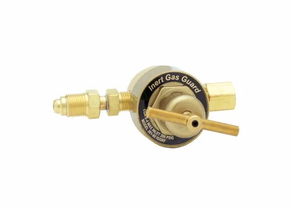 Harris 301-80-IGG-032 Argon/CO2 gas regulator for welding, brass valve, horizontal lever, threaded connectors, Inert Gas Guard.