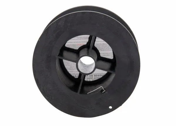 The Harris 308 Stainless Steel MIG GMAW Welding Wire - 0030812 is shown on a black plastic spool with a cylindrical core, four support spokes, and a central hole. Faint text is visible through the core against a white background.