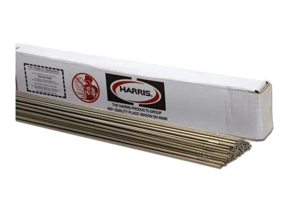 A bundle of Harris 308 Stainless Steel TIG GTAW Welding Rods (1/16, 36, 10LB box, 0308T30) is partially pulled from a white box labeled “Harris,” showing the premium welding alloy inside.