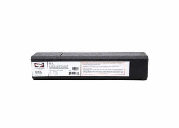A rectangular black plastic case with a white side label displaying text, a barcode, and a top-left logo. The case contains Harris 308L 16 Stainless Stick SMAW Welding Rods (1/16x12, 5 lb box, 308L630), shown on a white background.