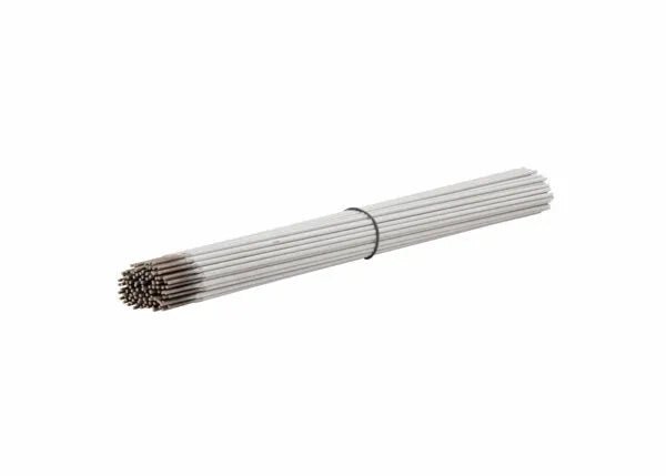 A bundle of Harris 308L 16 Stainless Stick SMAW Welding Rods (1/8 x 14, 10 lb box, model 308L660) is held by a black band in the center; the parallel, silver rods are neatly grouped against a plain white background.