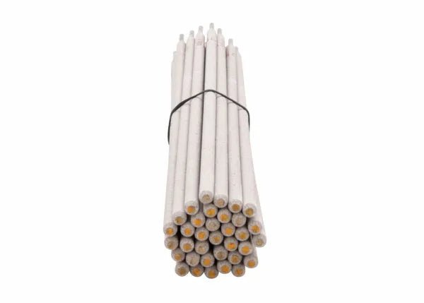 A tightly held bundle of sharpened white pencils with orange erasers, bound by a black rubber band, closely resembles a pack of Harris 308L 16 Stainless Stick SMAW Welding Rods (3/16 x 14, Box 308L680).