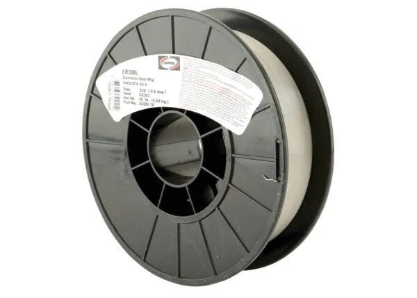 A black plastic spool holds Harris 308L Stainless Steel MIG GMAW Welding Wire - 0308L15, with a white label showing details. The spool features a central mounting hole, and the wire is neatly wound. The background is plain white.