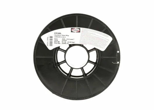 A black plastic spool of Harris 308L Stainless Steel MIG GMAW Welding Wire – 0308L15 shows a white specs label on the upper edge. The stainless wire is neatly wound, all displayed against a white background.