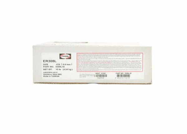 A white rectangular box labeled Harris 308L Stainless Steel MIG GMAW Welding Wire - 0308L15, 0.062 in (1.6 mm), 10 lb (4.54 kg). Includes product details, barcode, and red Harris logo on the left with minimal graphic design.