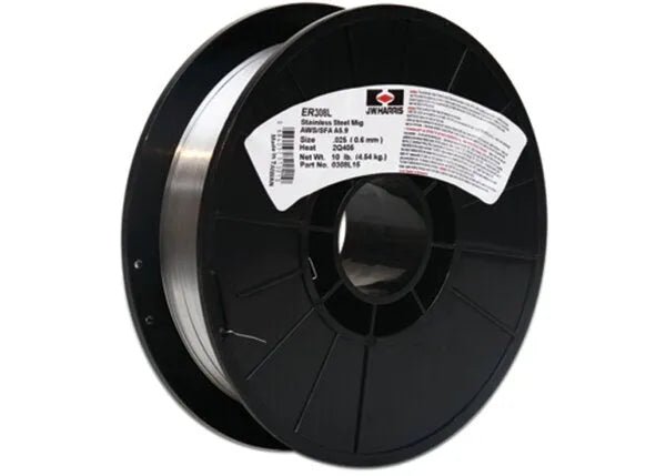A 10LB spool of Harris 308L Stainless Steel MIG GMAW Welding Wire (.035, 0308LF5) features a black plastic reel with metallic wire wound around it; the label includes brand, specs, and safety information.