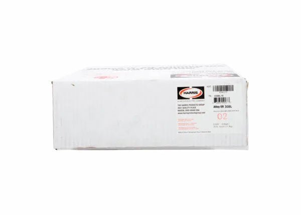 An unopened white rectangular box labeled “Harris Products Group,” featuring product details for “Harris 308L Stainless Steel MIG Welding Alloy - 0308L18” and a barcode, is photographed against a plain white background.