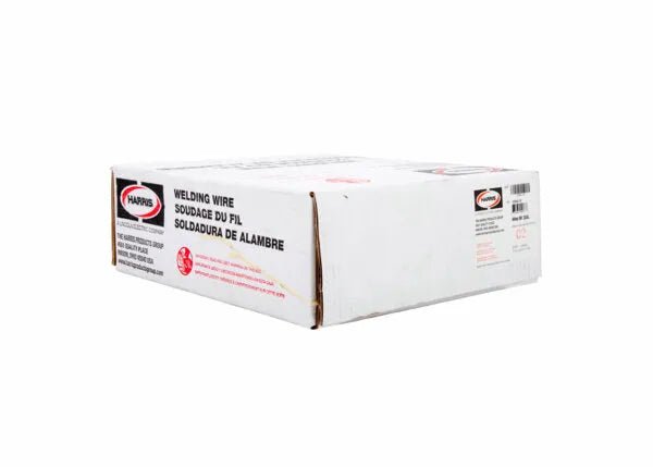 A slightly worn rectangular white box labeled Harris 308L Stainless Steel MIG Welding Alloy - 0308L18 in English, French, and Spanish sits on a white background. Red and black logos and text, company logo, and barcode are visible.