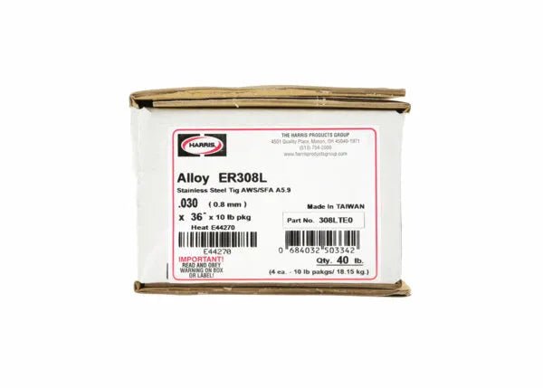 A white box of Harris 308L Stainless Steel TIG GTAW Welding Rods, .030 x 36, 10LB (308LTE0), featuring product details, a barcode, and red “IMPORTANT” text on the label. The box has cardboard flaps on top and bottom.
