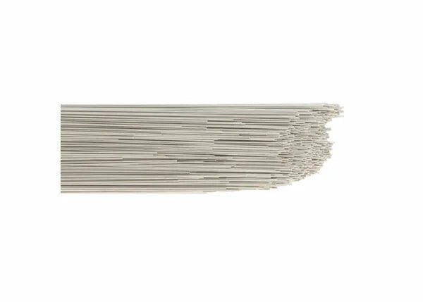 A bundle of Harris 308L TIG GTAW Welding Rods (.035 x 36, 10# Box - 308LTF0) with pointed ends is neatly stacked, slightly fanned on the right. The shiny, silver rods stand out clearly against a plain white background.