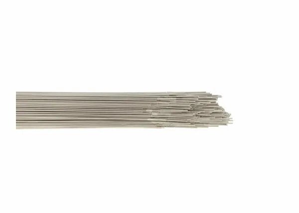 A bundle of Harris 308LSi Stainless TIG GTAW Welding Rods, 1/16 x 36, from a 10 lb box (308ST30), lays horizontally on a white background, closely arranged with uniform length, smooth shiny surfaces, and neatly aligned ends.