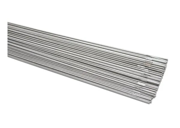 A box of Harris 308LSi Stainless TIG GTAW Welding Rods (3/32 x 36, 10 lbs, 308ST50) with smooth, uniform silver rods shown side by side on a white background, ideal for precision welding applications.