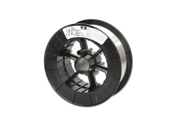 A spool of Harris 309 Stainless MIG GMAW Welding Wire .035 X 25# (00309F8) features metallic wire wound on a black plastic reel with spokes and a white side label, shown against a plain white background.
