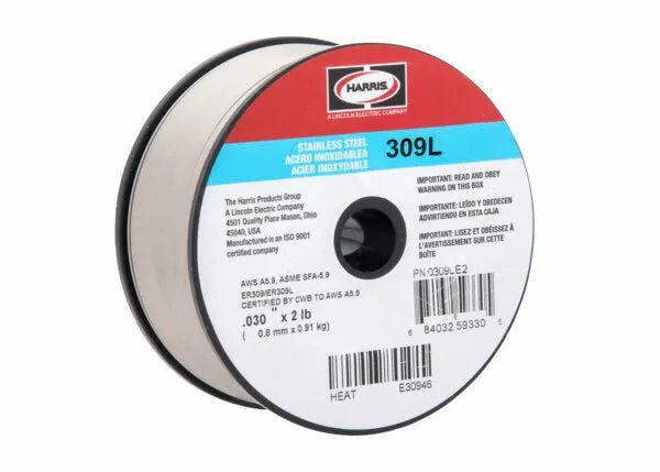 The Harris 309L Stainless MIG GMAW Welding Wire .030 x 2# Spool (0309LE2) features a neatly wound, metallic 0.030 wire with a red, blue, and white label displaying product info, barcodes, specs, and the Harris logo on top.