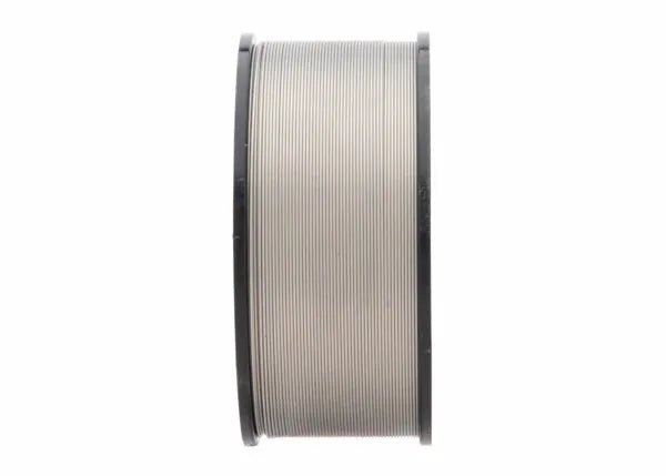 A side view of the Harris 309L Stainless MIG GMAW Welding Wire .030 x 2# Spool (0309LE2) shows tightly wound silver-gray wire on a cylindrical reel with black rims, standing out against a plain white background.