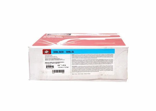 A white rectangular box with a red top, labeled “309LSE8,” contains Harris 309LSi Stainless GMAW MIG Welding Wire (.030, 25# spool). The blue/white front label shows product details, barcodes, black text, and the brand logo in the upper left corner.