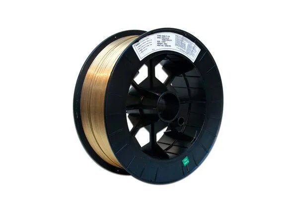 A black plastic spool holds tightly wound Harris 309LT1-1 Dynacore Stainless Flux-Cored FCAW Welding Wire (.035 x 25#), copper-colored, with a white label and barcodes on the side. The background is plain white.