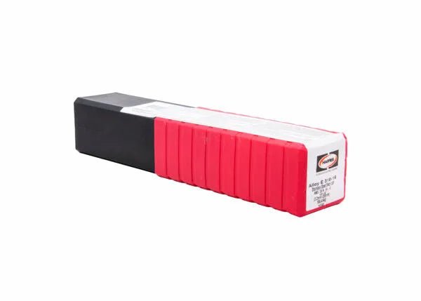 The Harris 310-16 Stainless Stick SMAW Welding Rod 1/8 X 14 X 10 (3101660) is shown in a rectangular plastic case with black and red ends, sectioned design, and a white label on the red end against a plain white background.