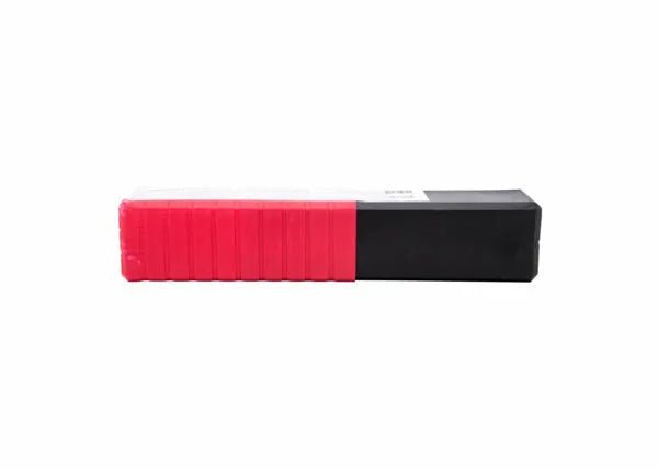 The Harris 310-16 Stainless Stick SMAW Welding Rod 1/8 X 14 X 10 3101660 comes in a rectangular plastic box with a ridged red left section and a smooth black right section, ideal for storing stainless steel welding rod. The background is plain white.
