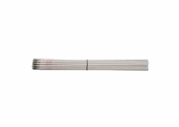 A bundle of Harris 310-16 Stainless Stick SMAW Welding Rods (1/8 x 14 x 10, 3101660) held together by a black band, with cylindrical electrodes featuring slightly darkened tips, arranged neatly on a white background.